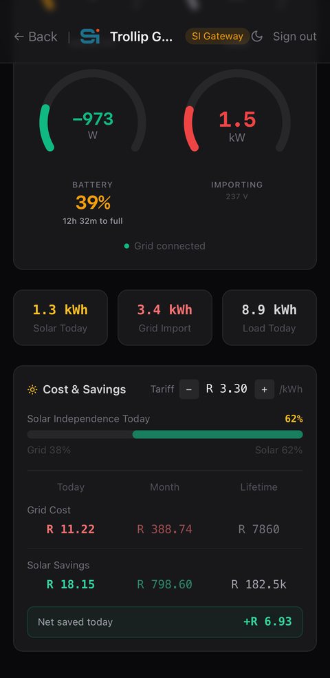SI app — cost and savings tracked in rands: grid cost vs solar savings, solar independence